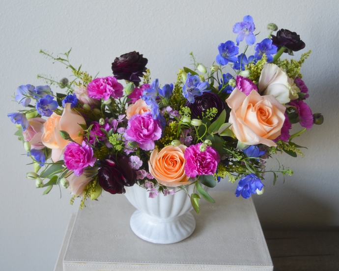modern romantic garden style flower arrangement compote vase delivery flowers in idaho