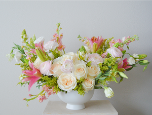 pink and cream pastel blush compote flower arrangement floral delivery boise meridian eagle wedding flower